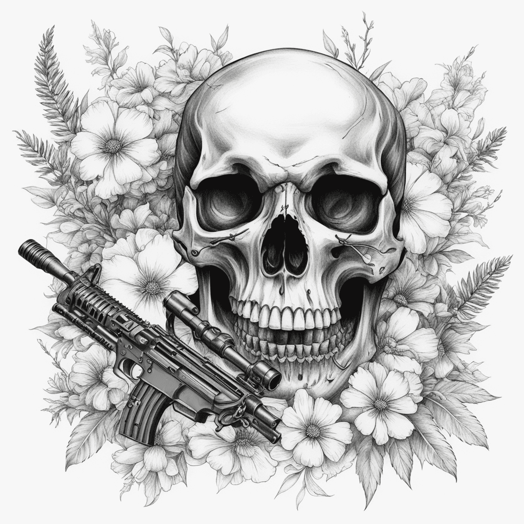 Dark skull with M240B machine gun and wild flowers