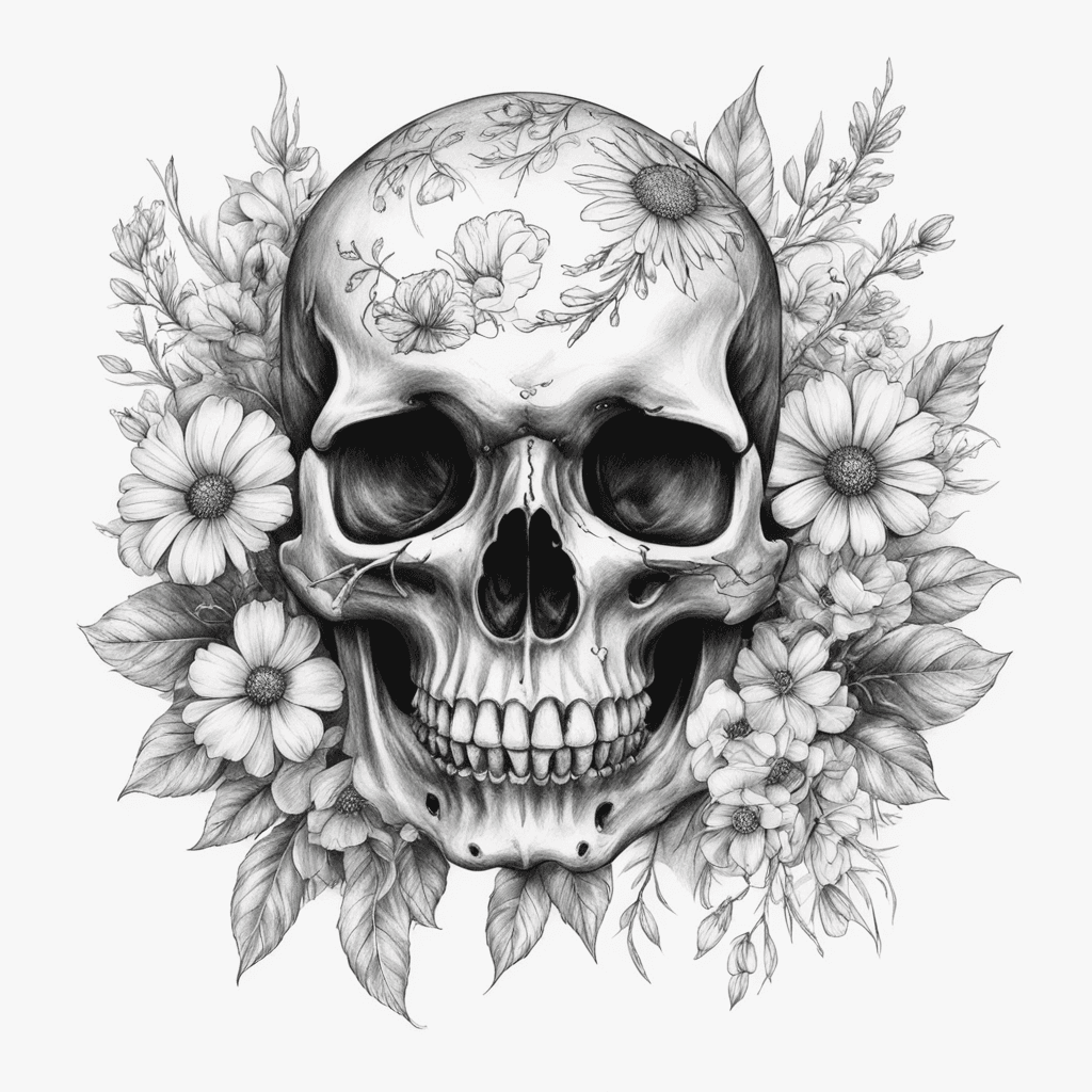 Dark skull with M242 and wild flowers