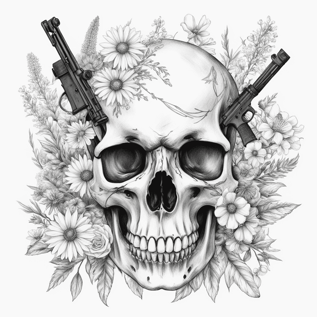 Dark skull with AR15 and wildflowers