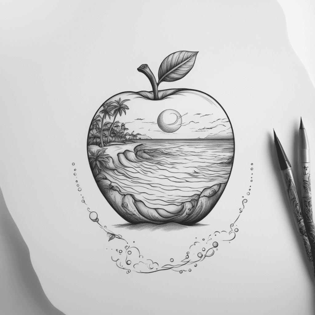 dessin enfantin d'une pomme terre germée avec une plage au centre