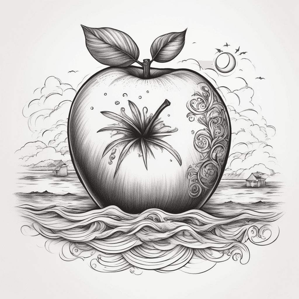 dessin enfantin d'une pomme de terre germée avec une plage au centre