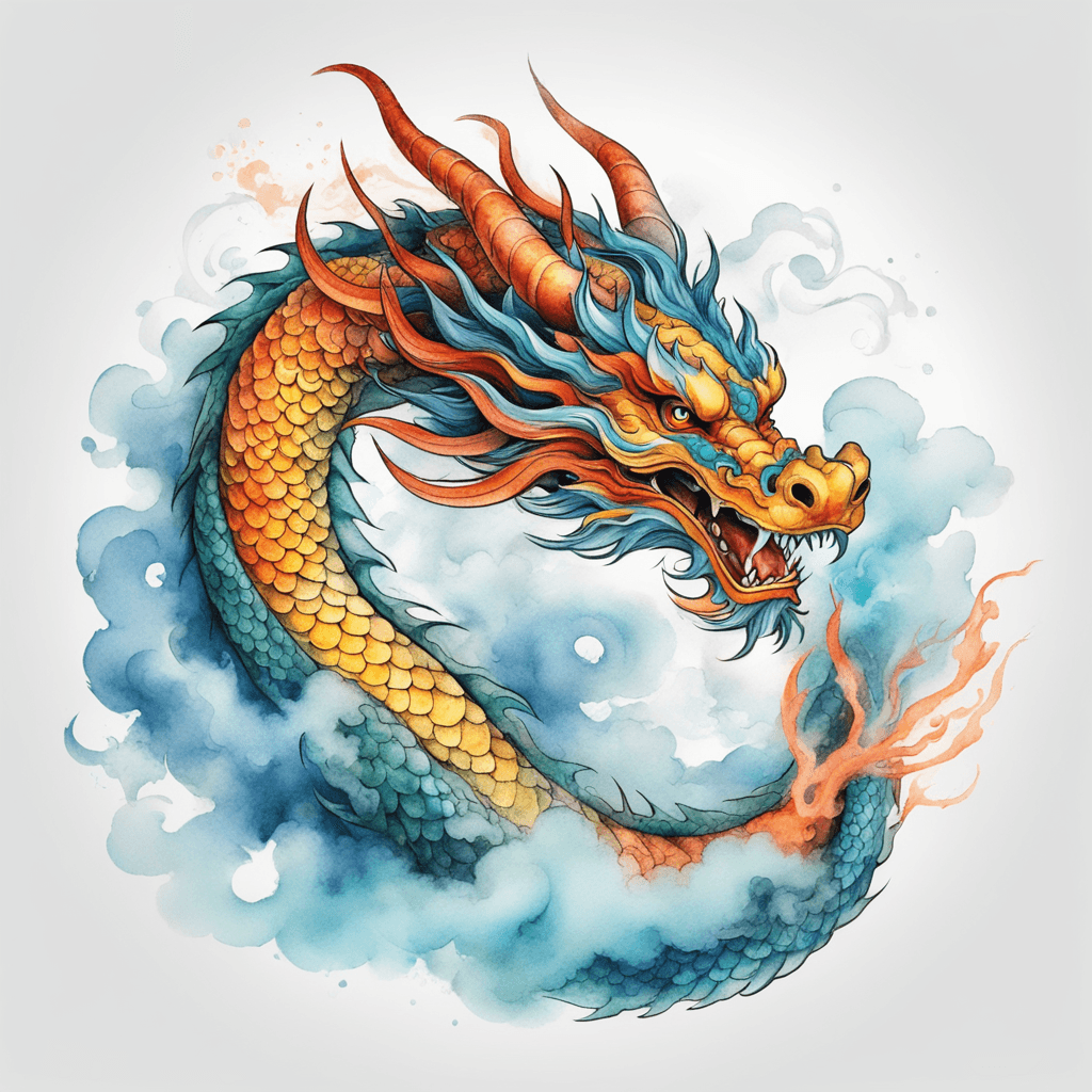 The colorful dragon in Chinese mythology, coiled in clouds and mist