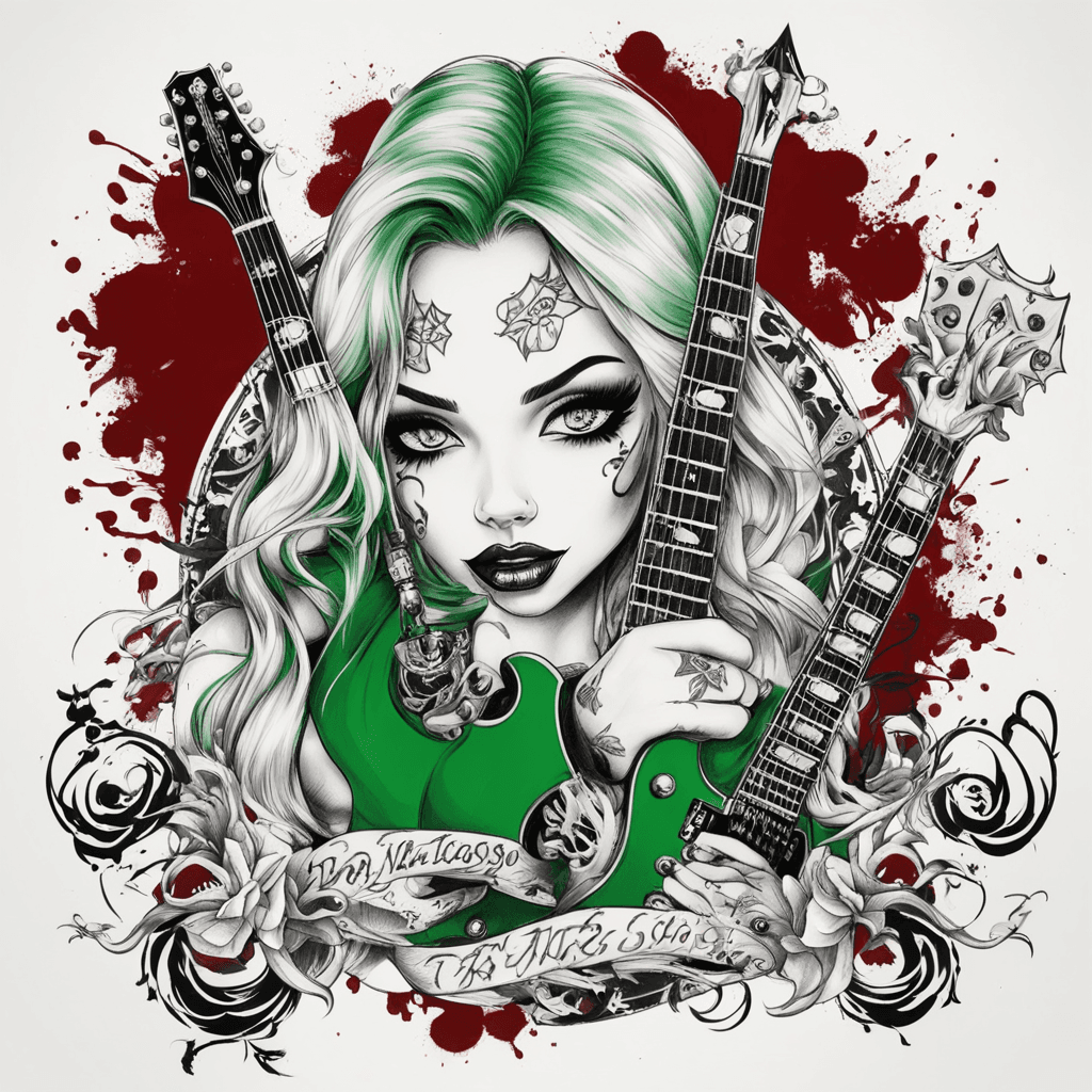 bad ass metal music girl with green eyes, perfect tits, skirt, smokey eyes makeup, new school tattoos, blood red hair, gibson guitar. in new school tattoo art