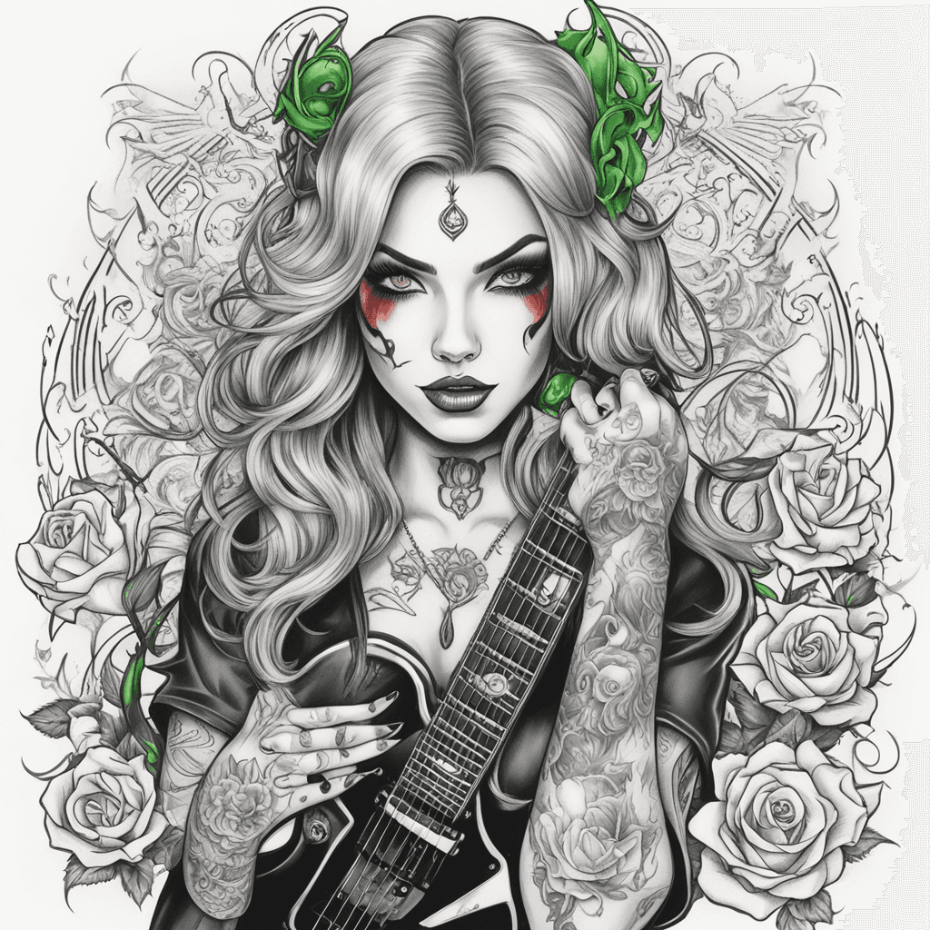 bad ass metal music girl with green eyes, smokey eyes makeup, new school tattoos, blood red hair, gibson guitar. in new school tattoo art