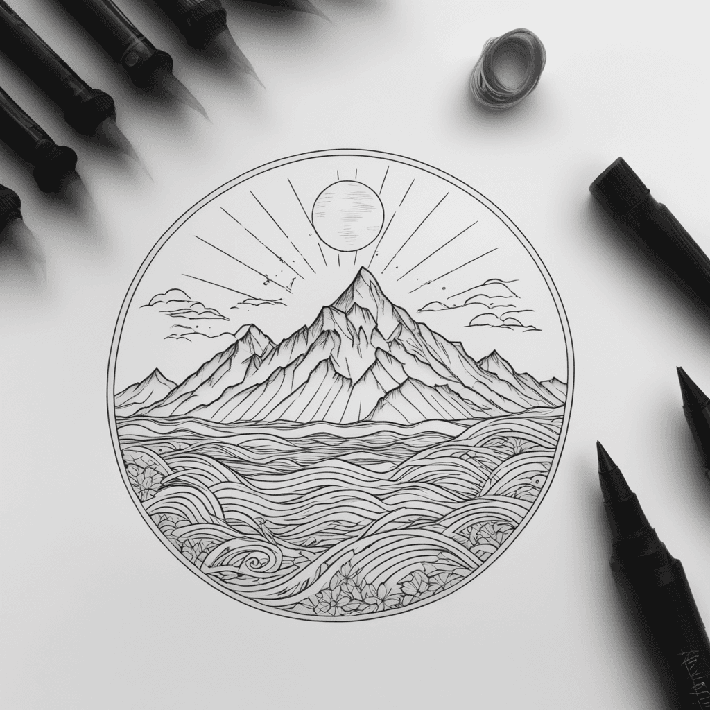  a thin line tattoo of the sun and a mountain range with a wave between them and the letters J and N