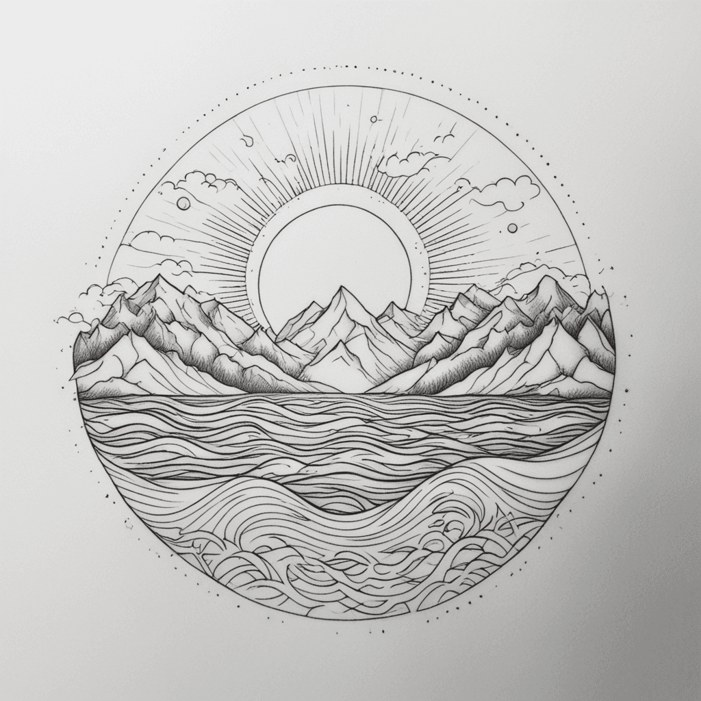  a thin line tattoo of the sun and a mountain range with a wave between them inside of a "J" and "N" 