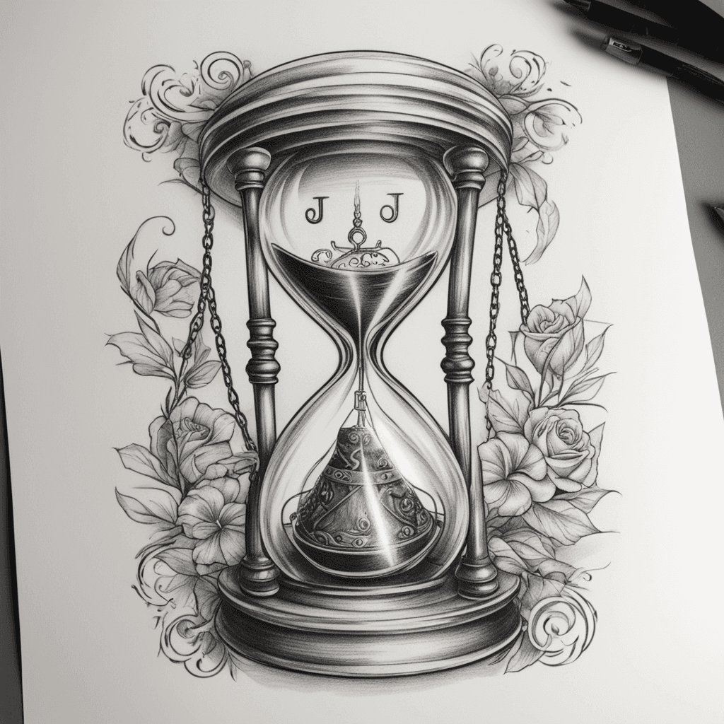 the letters J and N  inside of a hourglass with a lock and chain around it