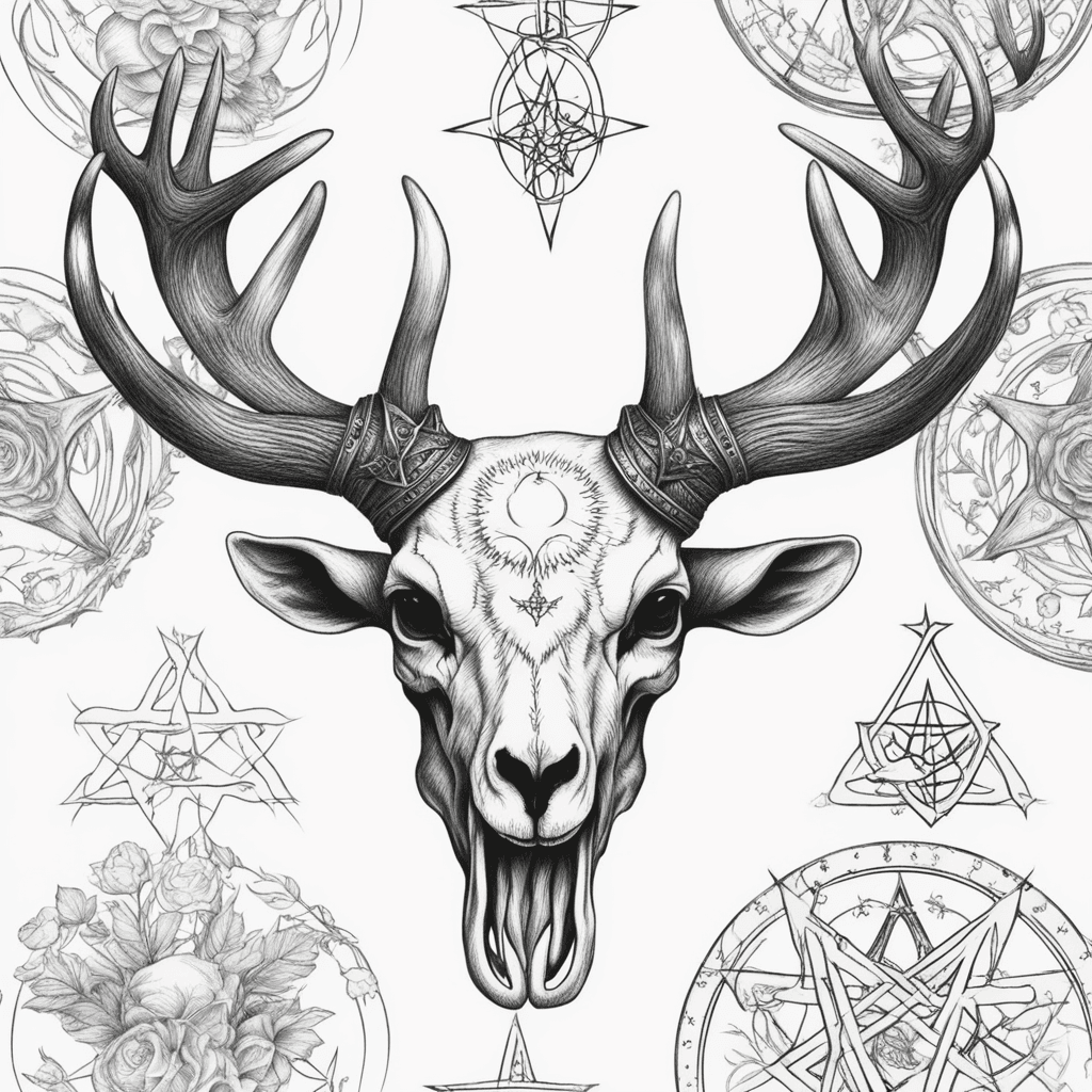  ram antlers, human skull, pentagram