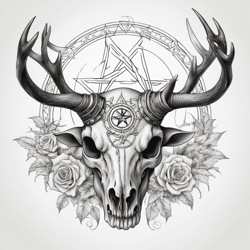  ram antlers on human skull with pentagram around