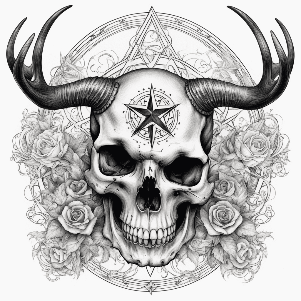 human skull with pentagram around and  ram antlers on it 