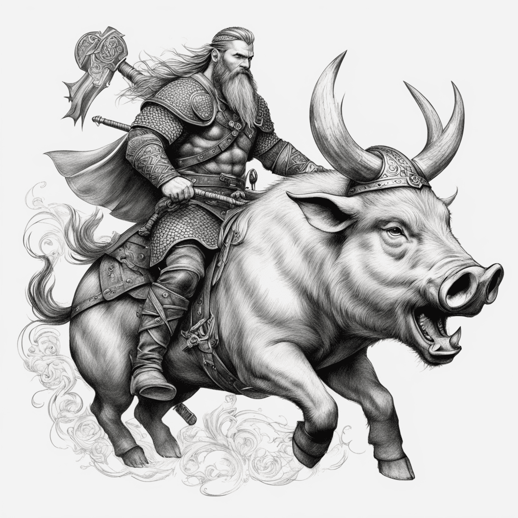 Viking ridning on a pig