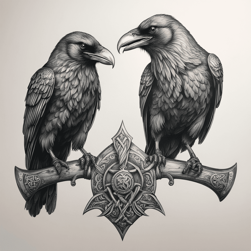 2 ravens sitting on viking axe
