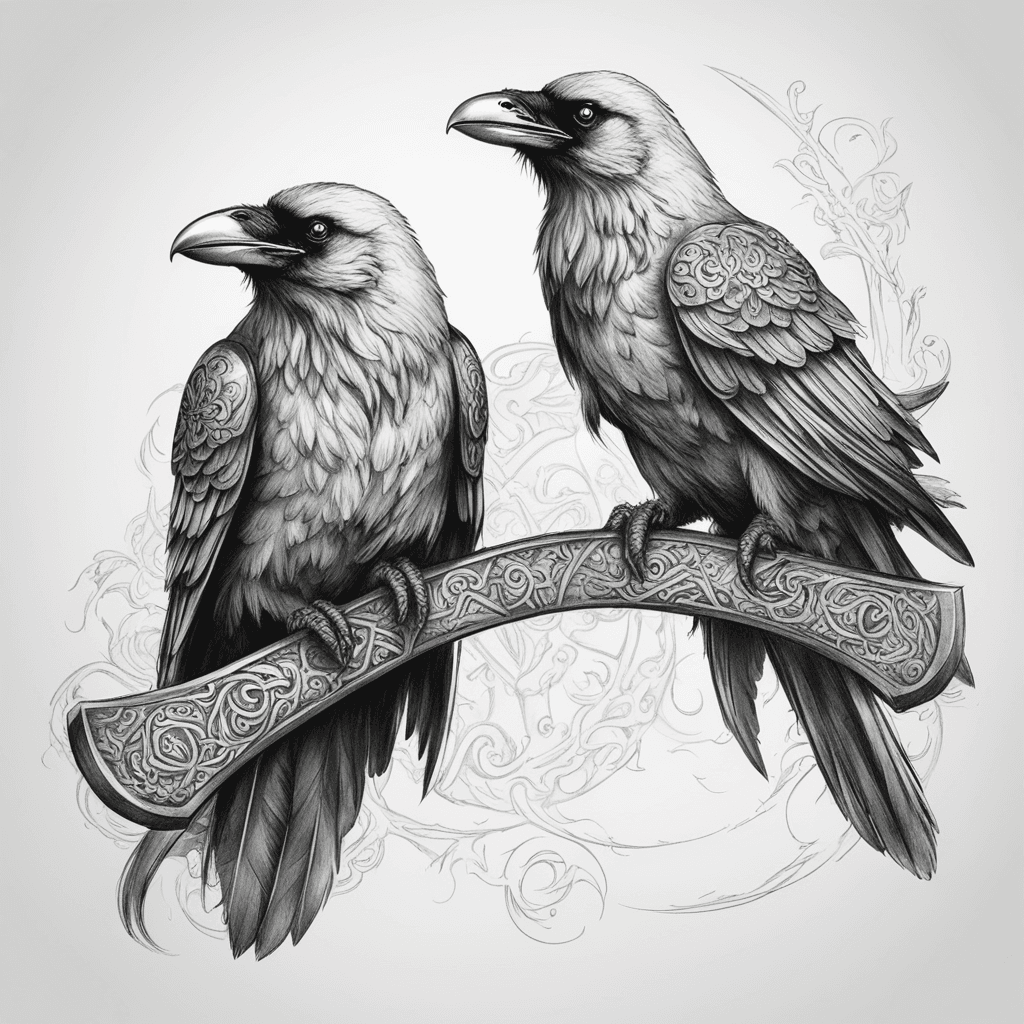 2 ravens sitting on viking axe