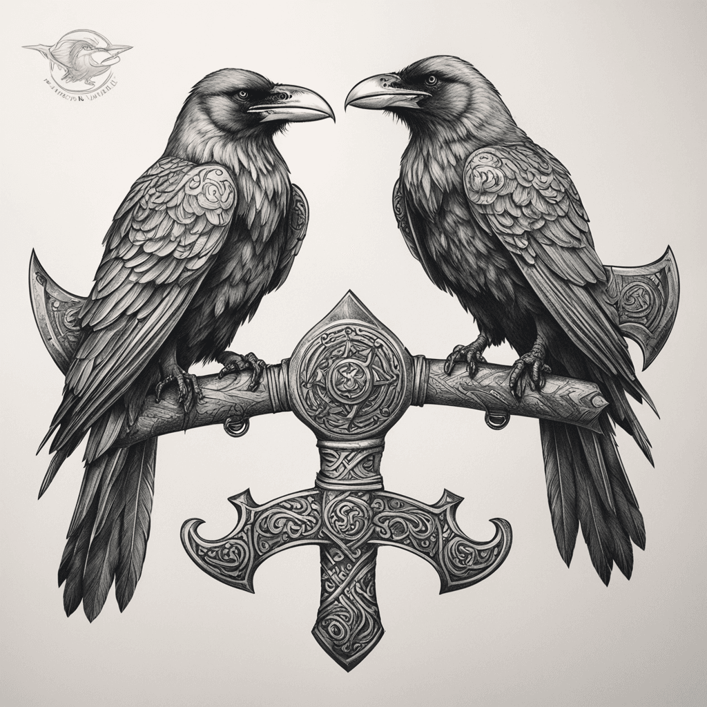 2 ravens sitting on viking axe