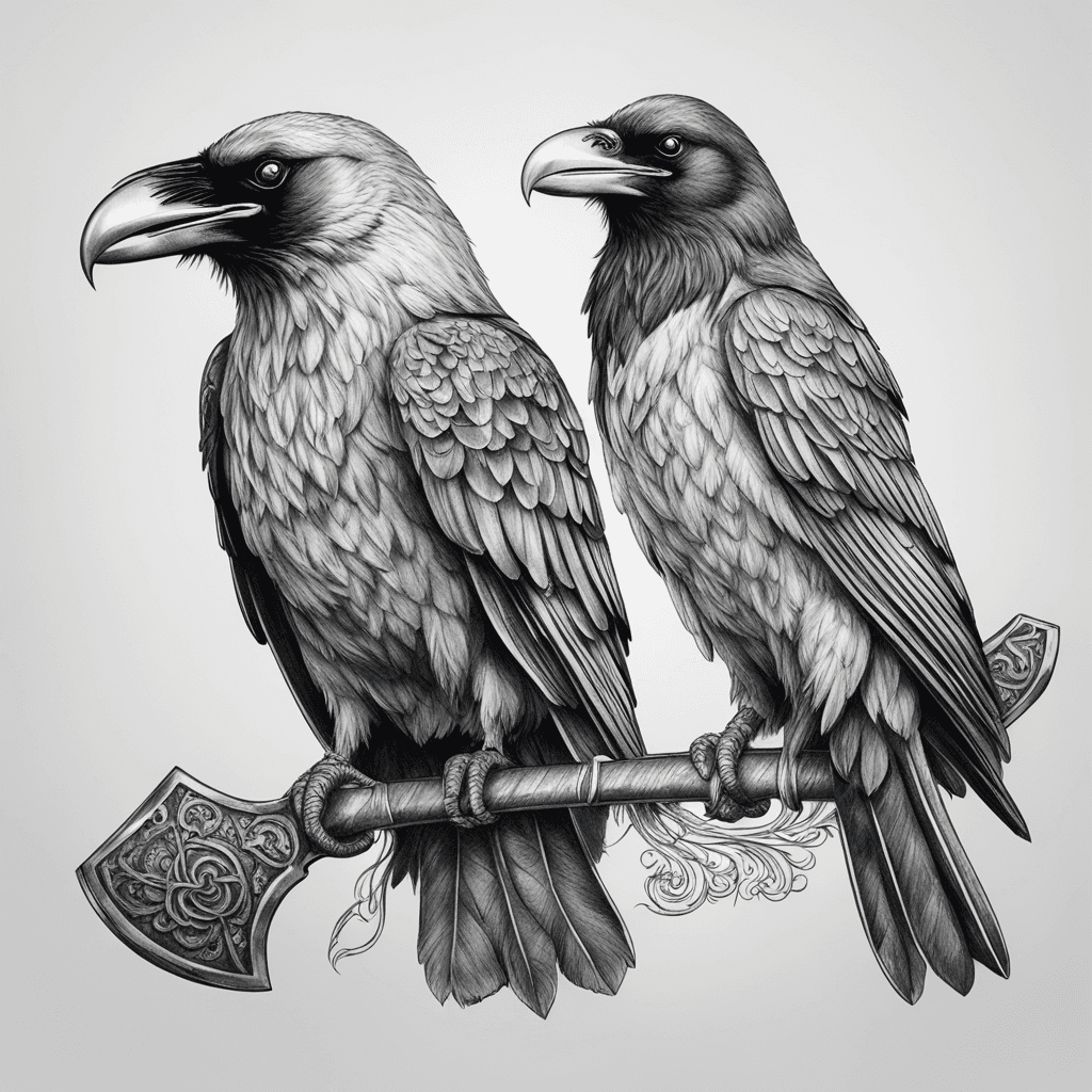 2 ravens sitting on viking axe