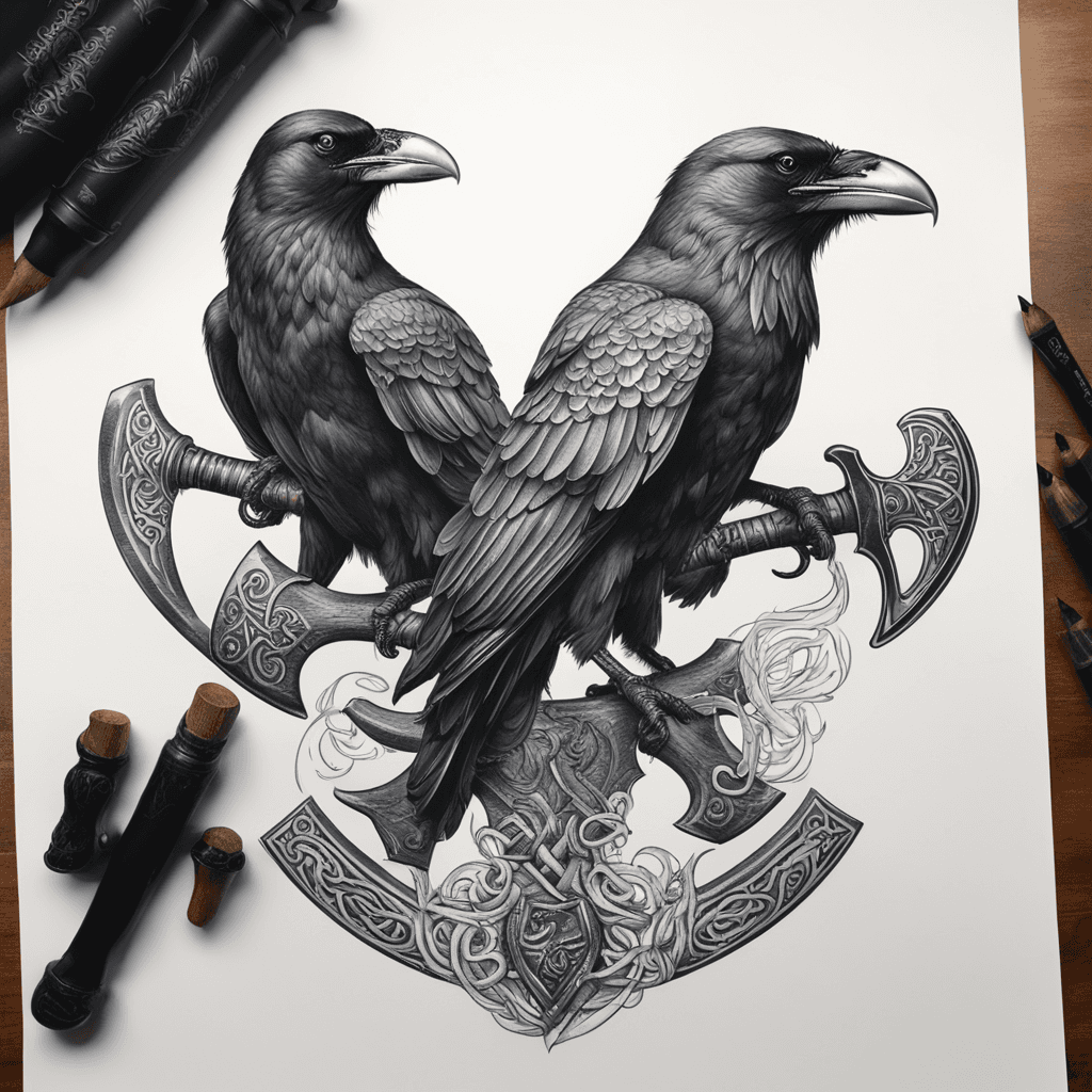 2 ravens sitting on viking axe