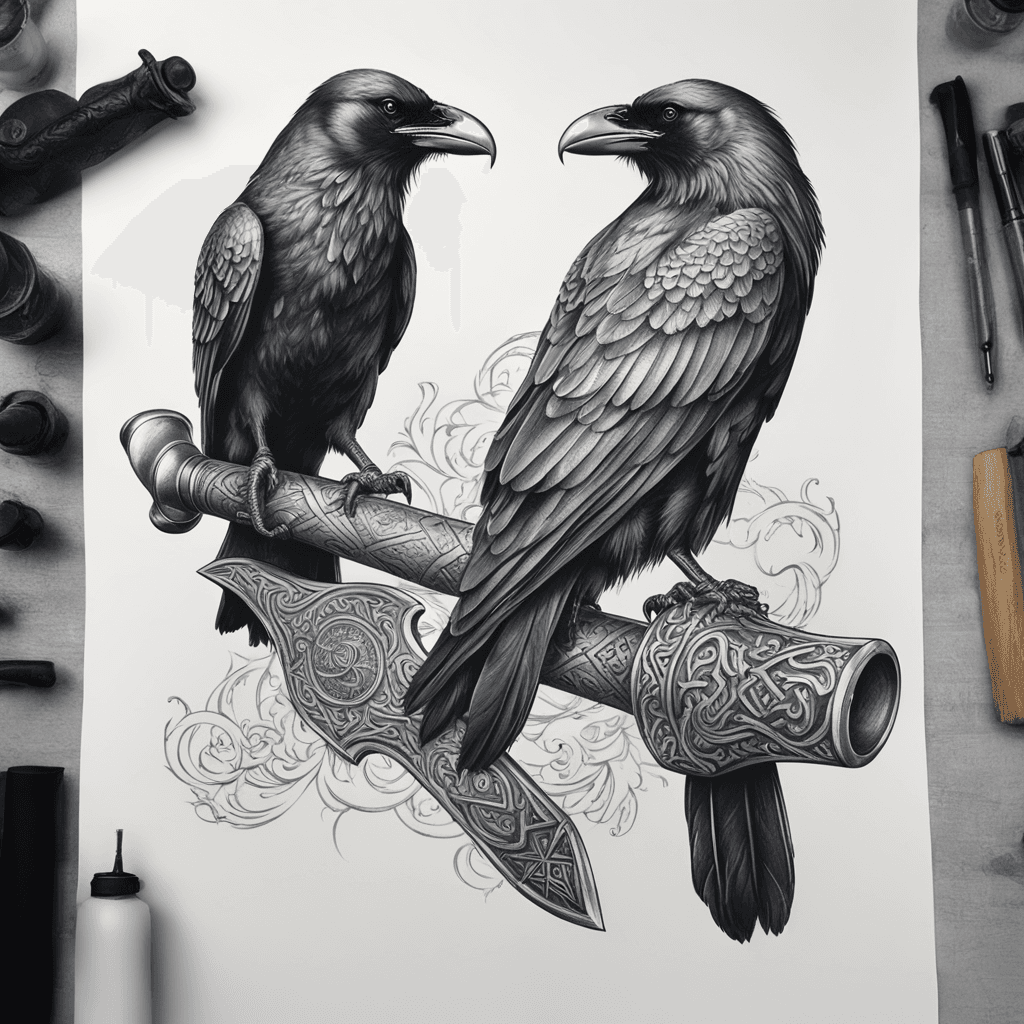 2 ravens sitting on viking axe