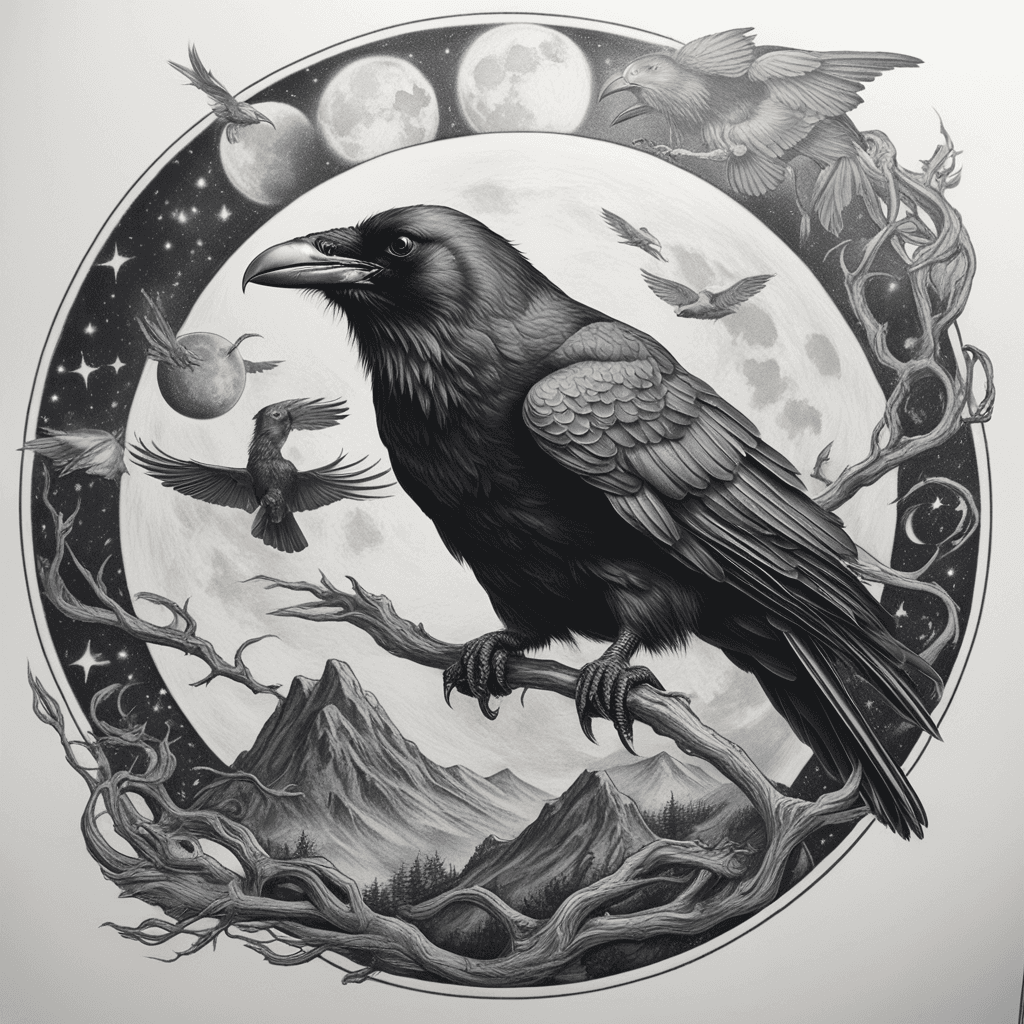 One raven in flight over one sitting raven sitting on the hammer of Thor with background moon and magic runinskrifter suitable as a tattoo on a shoulder in drawn hyperrealism no goose or duck