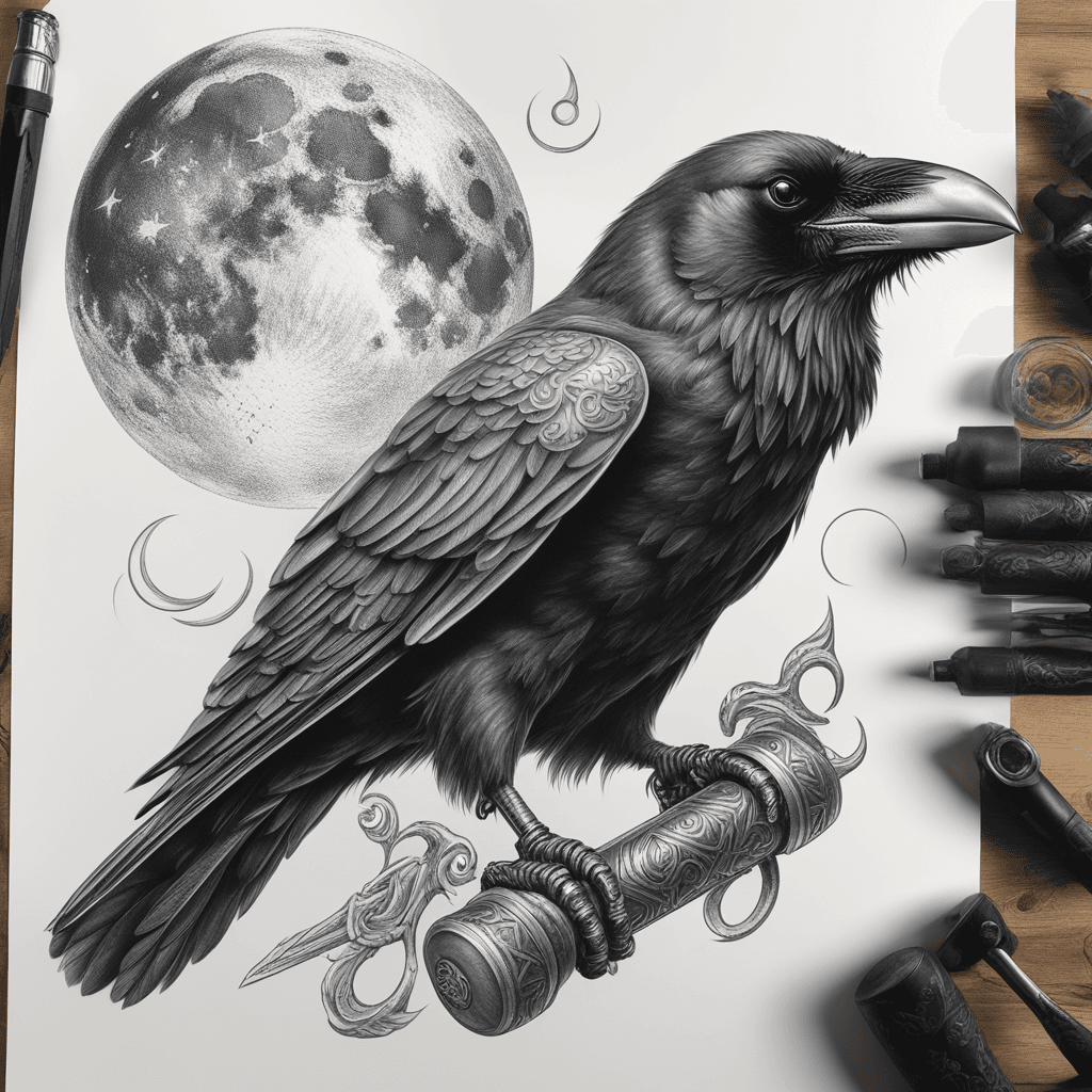 One raven in flight over one sitting raven sitting on the hammer of Thor with background moon and magic runinskrifter suitable as a tattoo on a shoulder in drawn hyperrealism 