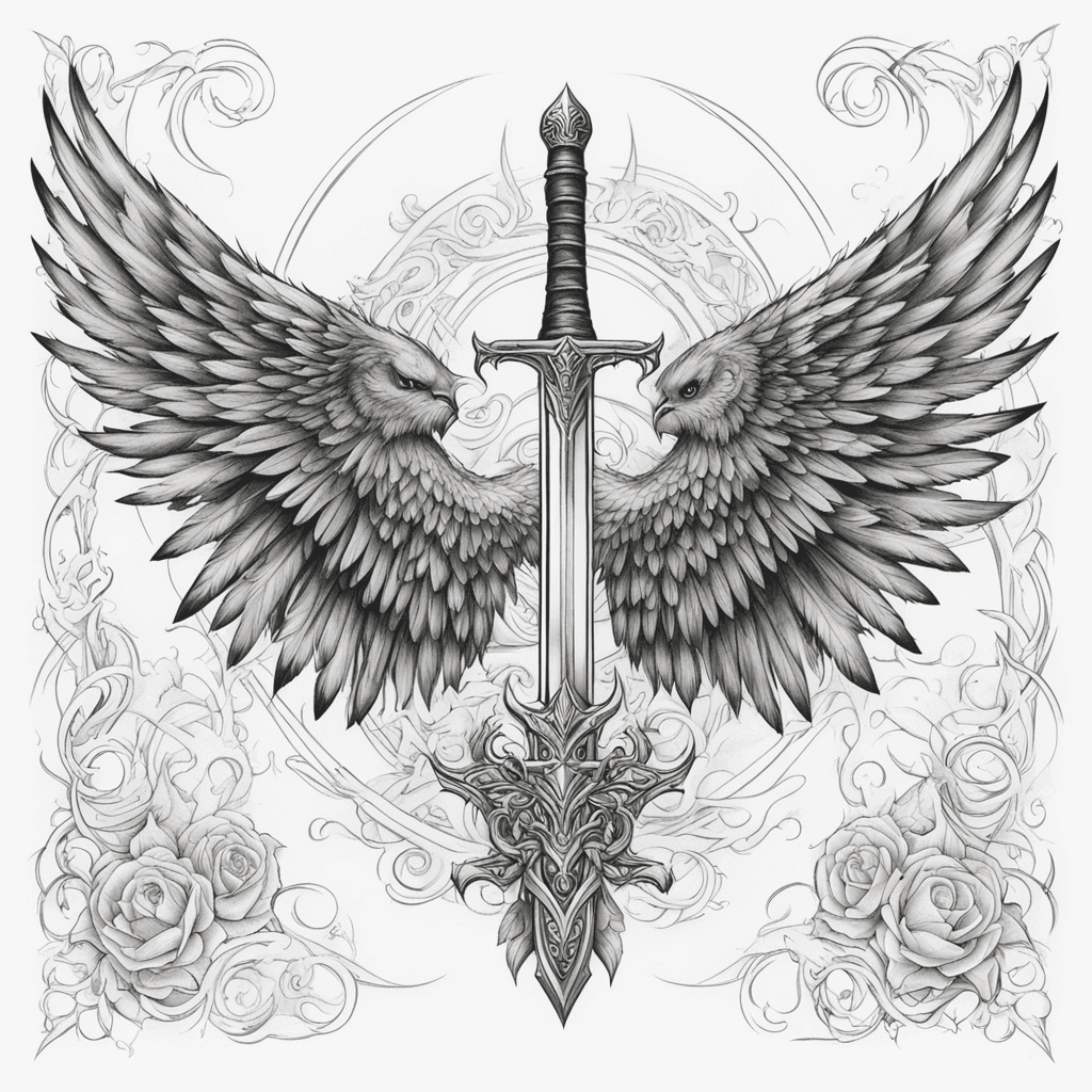 Black wings, white wings, sword, totem, full back