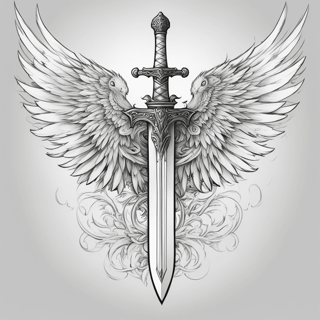 Black wings on one side, white wings on the other, sword, totem background, full of tattoos on the back