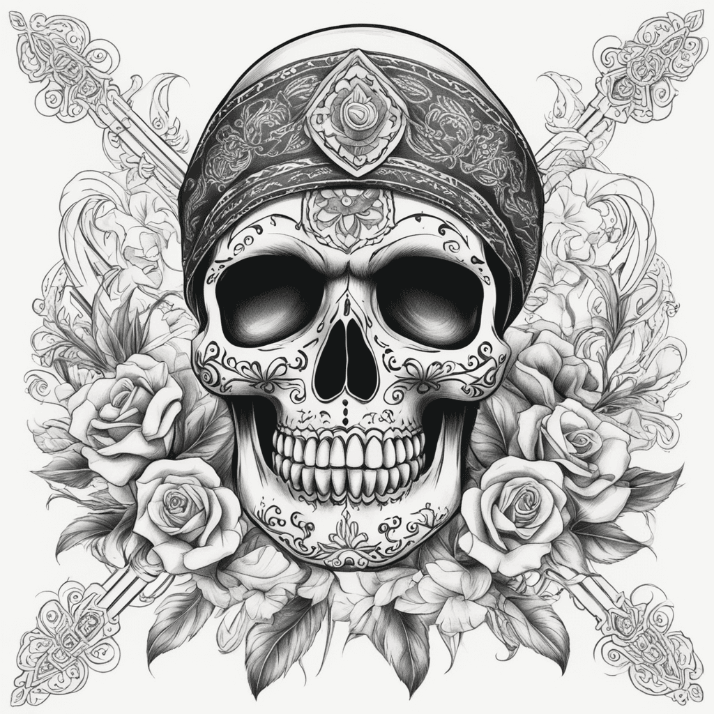 Mexican skull with bandana green eyes with vaya con dios amigo under it