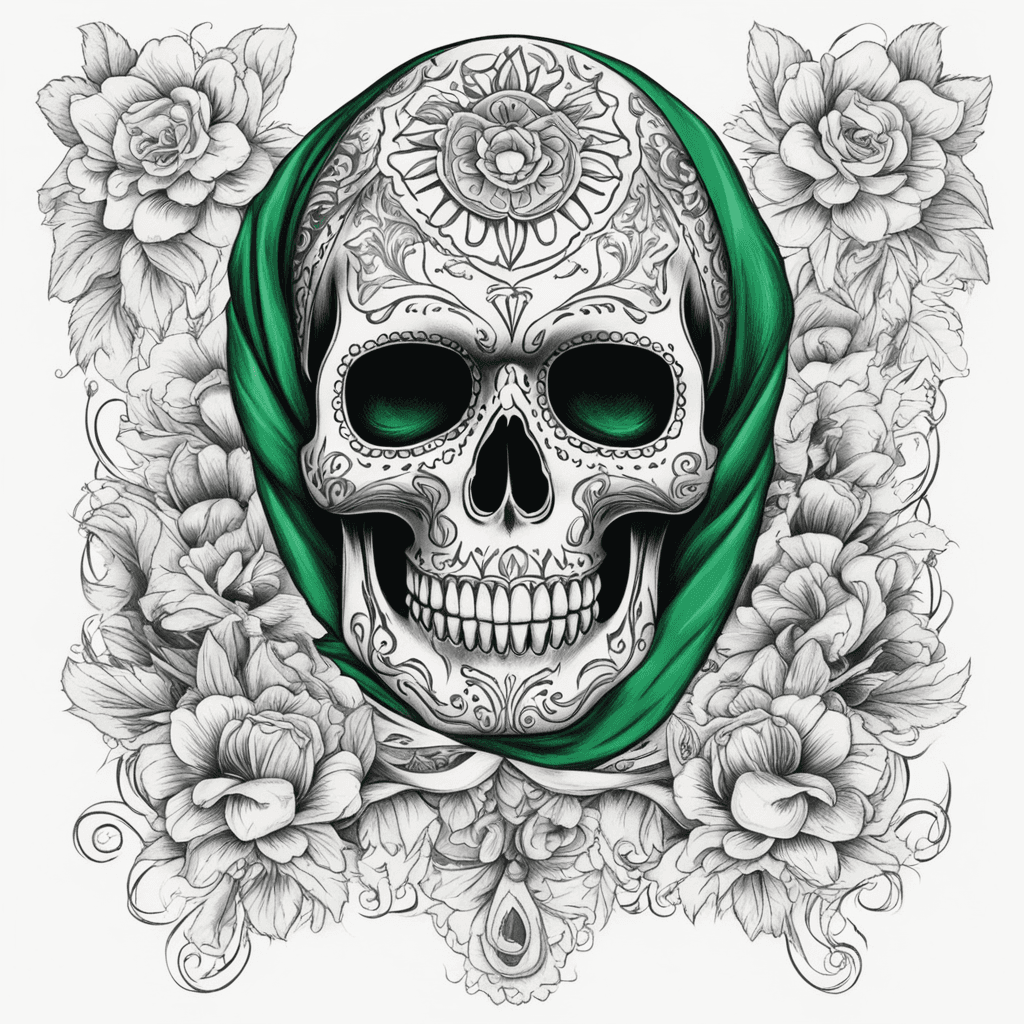 Mexican skull with bandana green eyes with vaya con dios amigo under it