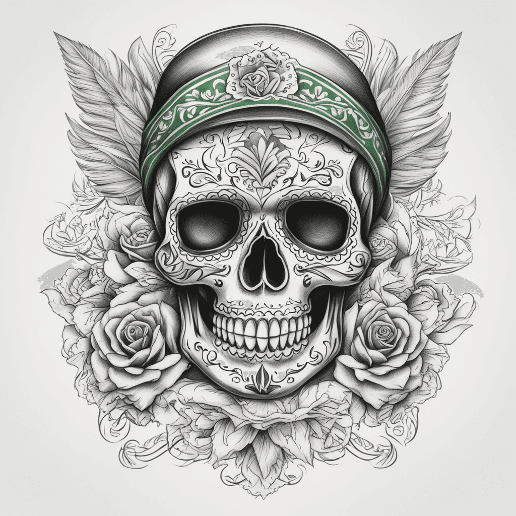 Mexican skull with bandana green eyes with vaya con dios amigo under it