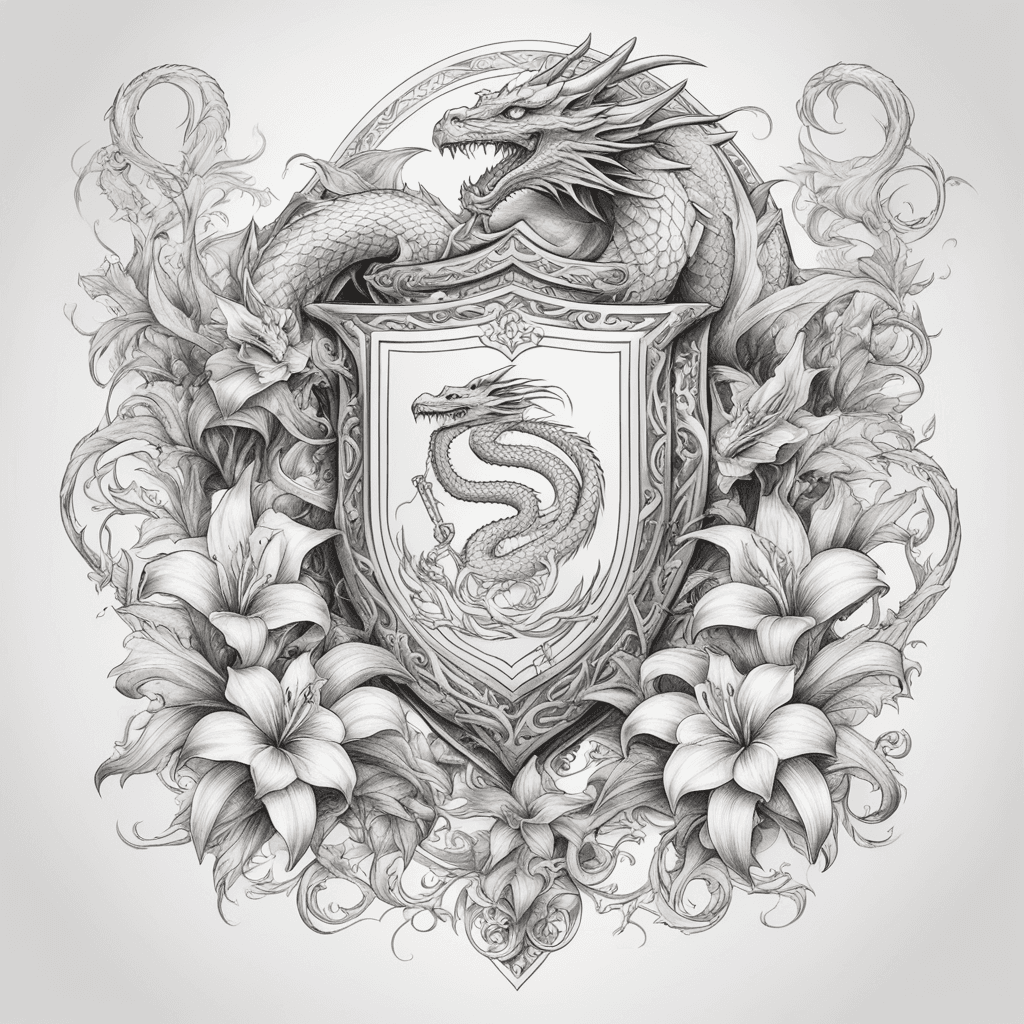 Dragons surrounding a shield with French royal Lillys around and filigree 