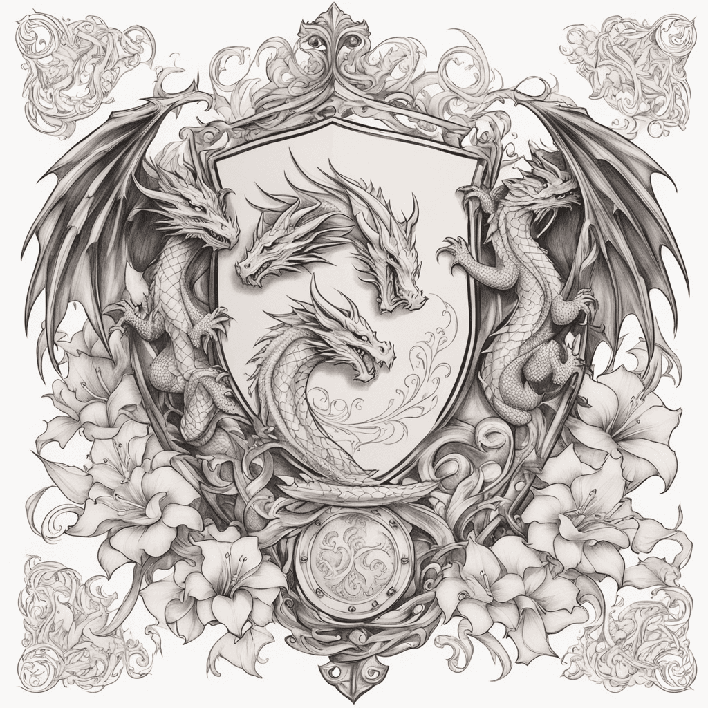 Dragons surrounding a shield with French royal Lillys around and filigree 