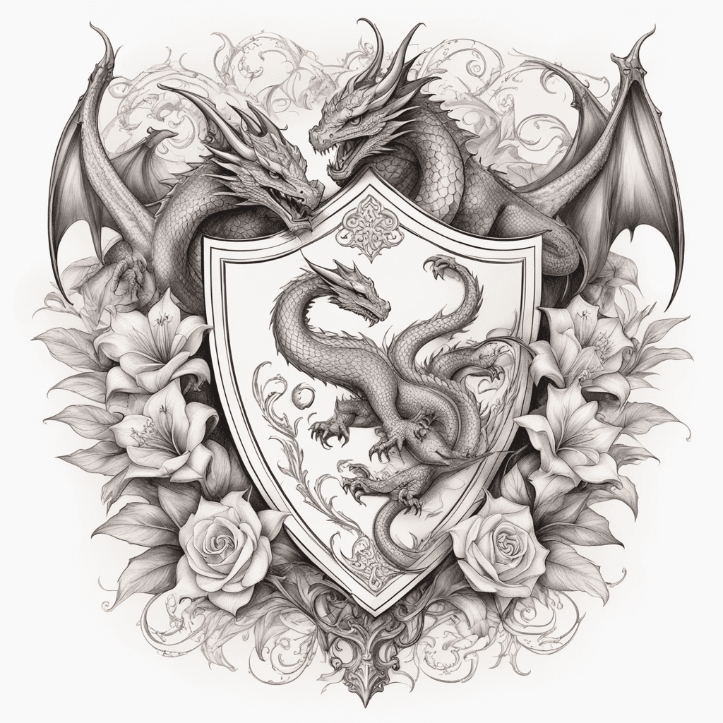 Dragons surrounding a shield with French royal Lillys around and filigree 