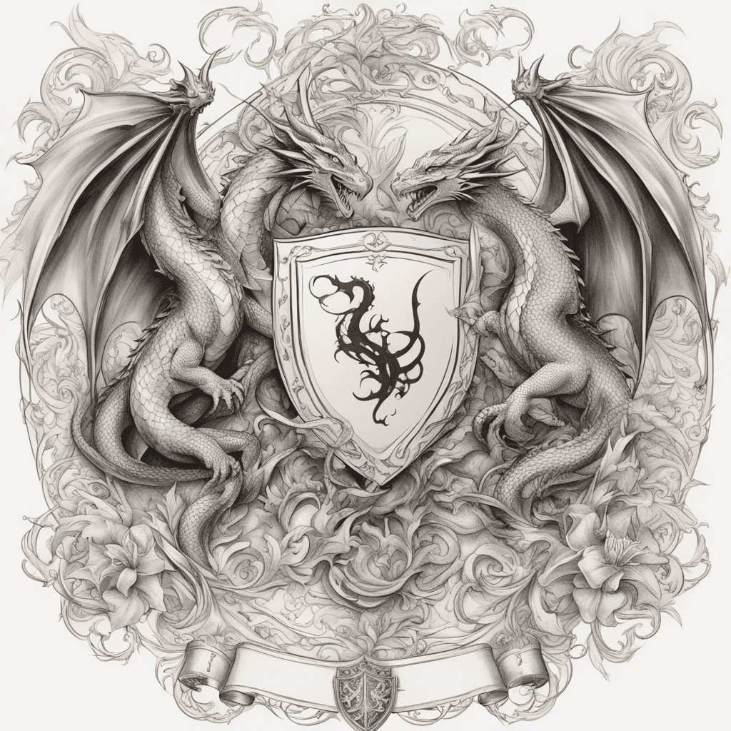 3 dragons surrounding shield french royal lillys around and filigree, knights on the sides