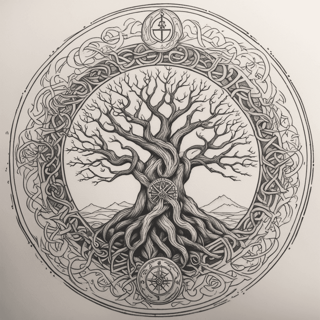 vegvisir, Jörmungandr and yggdrasil merged together simplistic