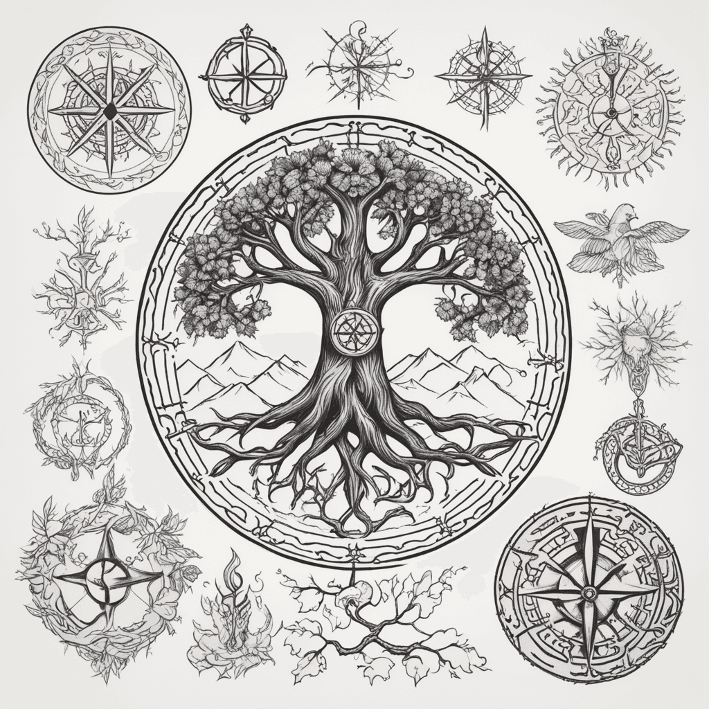 vegvisir and yggdrasil merged together simplistic