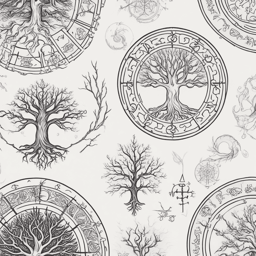 vegvisir and yggdrasil merged together simplistic lines