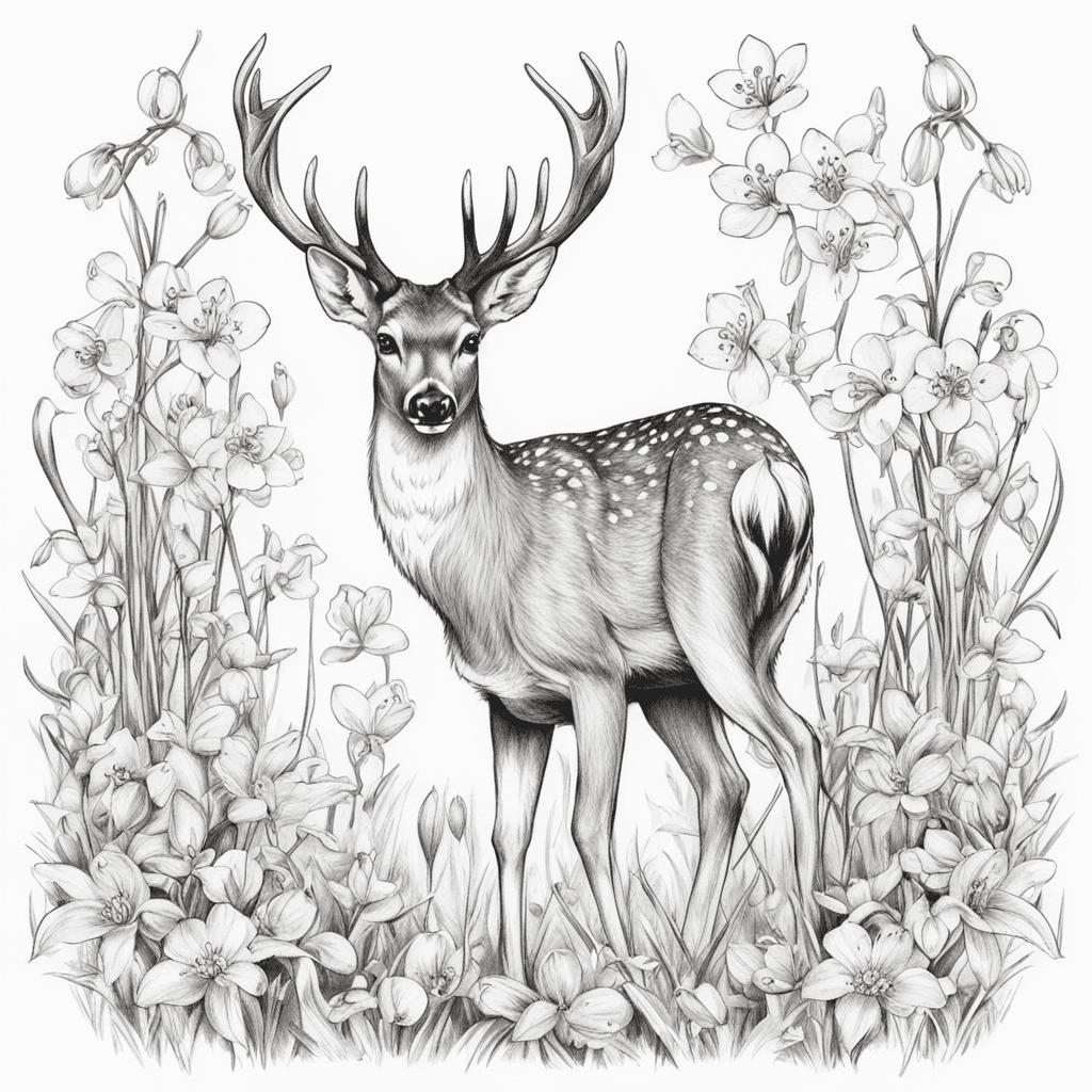 Standing, young, muntjack deer surrounded by snowdrops