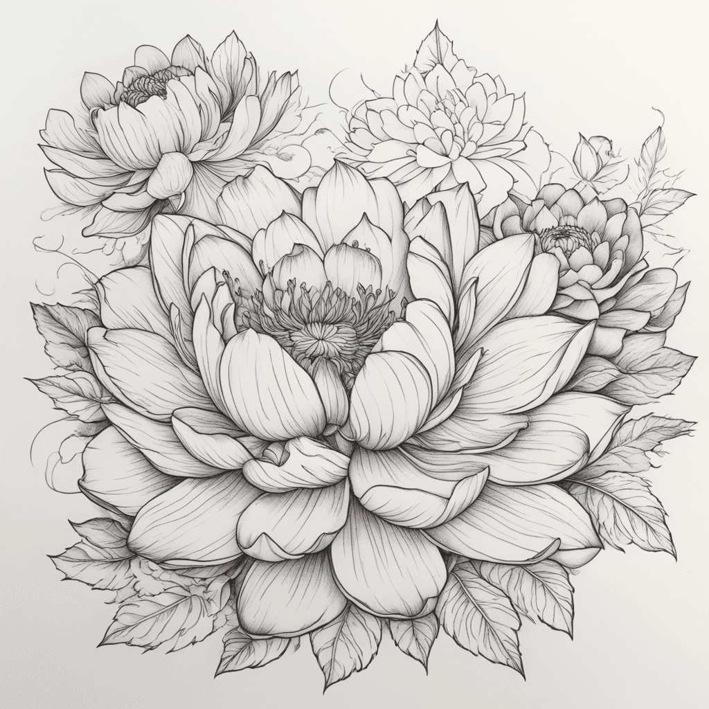 Le motif principal doit être une combinaison de fleurs de style pivoine, chrysanthème et lotus, disposées de manière à former la silhouette d'un chat au centre. Le chat doit être reconnaissable par sa forme générale mais sans détails réalistes. Les fleurs doivent être arrangées harmonieusement autour de la silhouette du chat, créant une composition équilibrée.