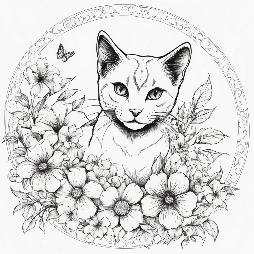 Flower around cat silhouette. Dont draw a reel cat