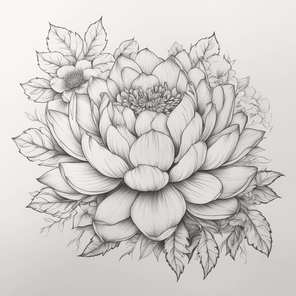 Pivoine lotus et chrysantheme formant la silhouette d'un chat ne pas mettre de détail pour le chat