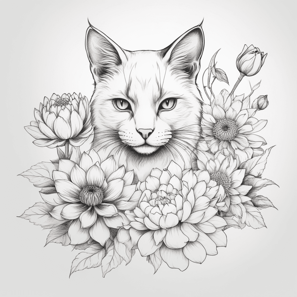 Pivoine lotus et chrysantheme formant la silhouette visible d'un chat ne pas mettre de détail pour le chat