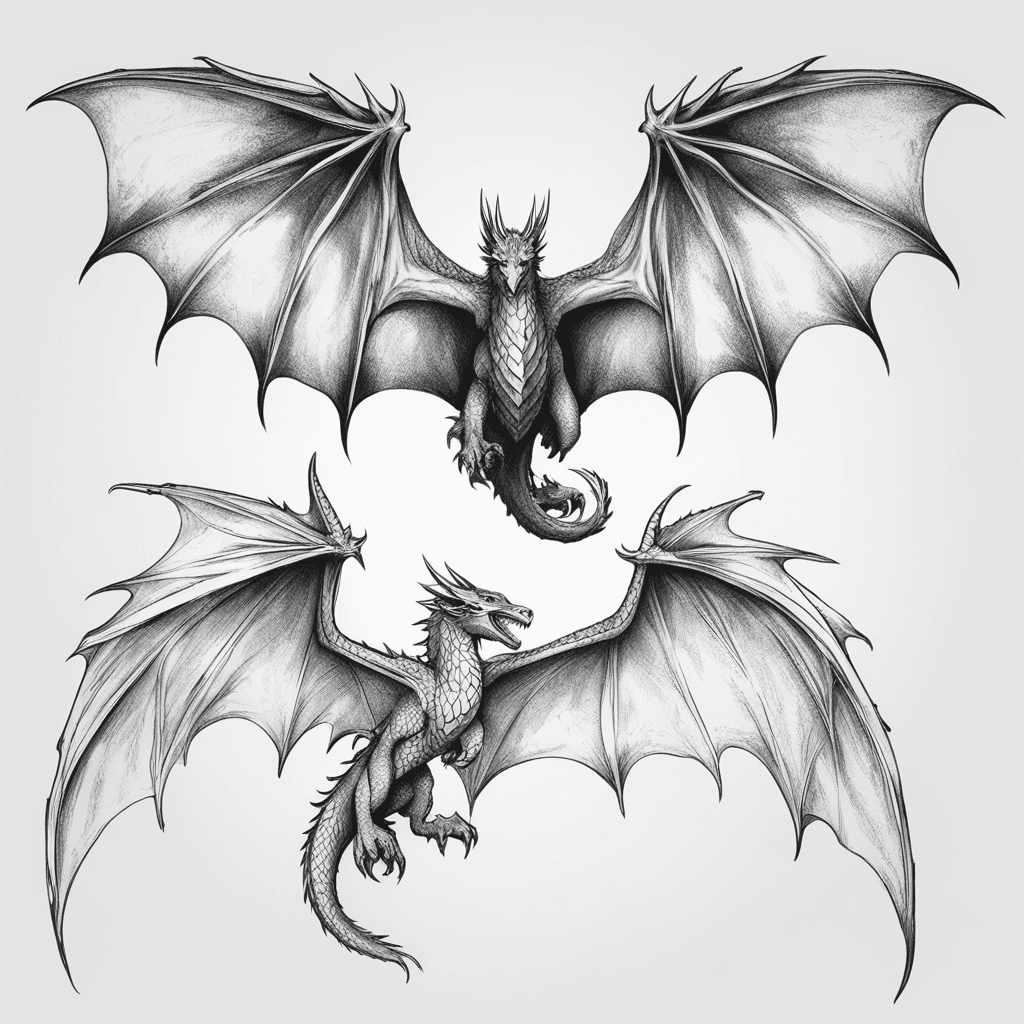 Game of thrones , Three Dragons flying , spreading wings , black and white , pencile drawing , tattoo stencile , minimal details , top view