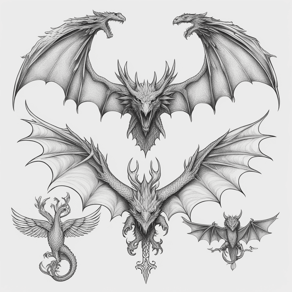 Game of thrones , Three Dragons flying , spreading wings , black and white , pencile drawing , tattoo stencile , minimal details , top view