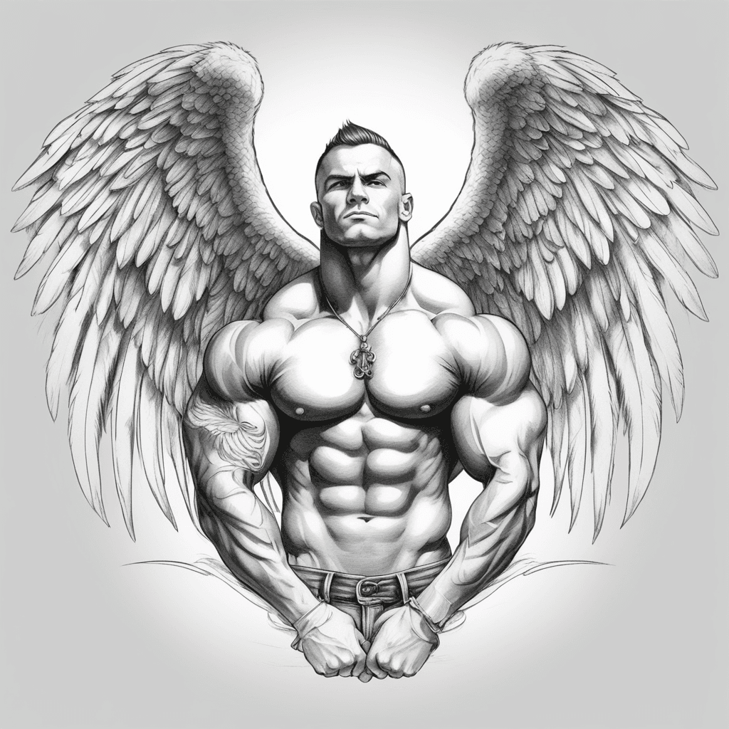 a male bodybuilder iwith large angel wings on jeans with his arm pointing to the sky and barbell weights artistically entwined