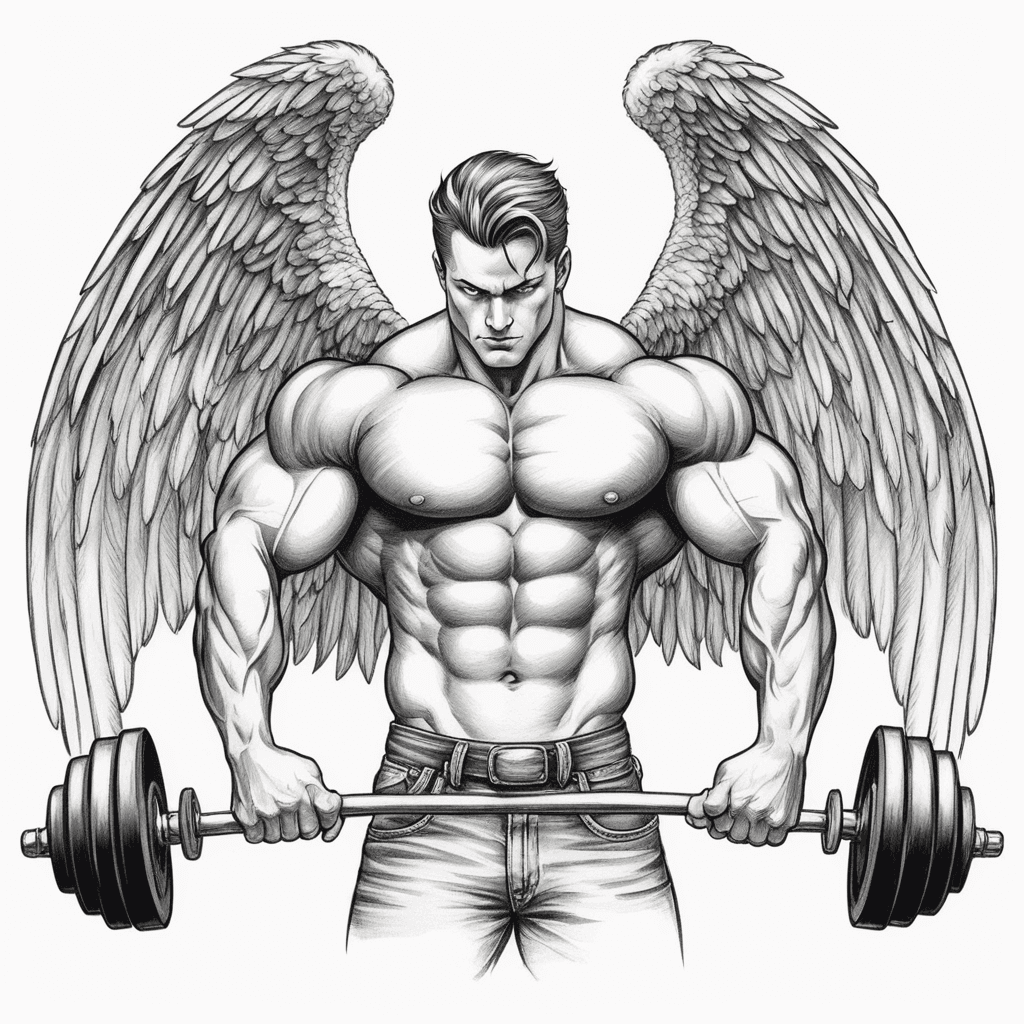 a male bodybuilder iwith large angel wings on jeans with his arm pointing to the sky and barbell weights artistically entwined