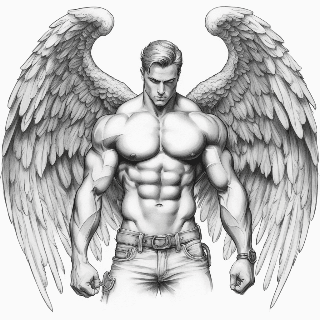 a male renaissance  bodybuilder with large angel wings on jeans 