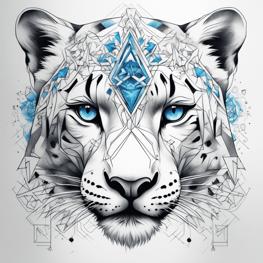 Surrounding the grimace in pain snow leopard's head are various geometric shapes, right face including overlapping triangles and lines, forming a complex pattern. These patterns add an abstract, modern touch to the design. these have blue eyes. snowflakes