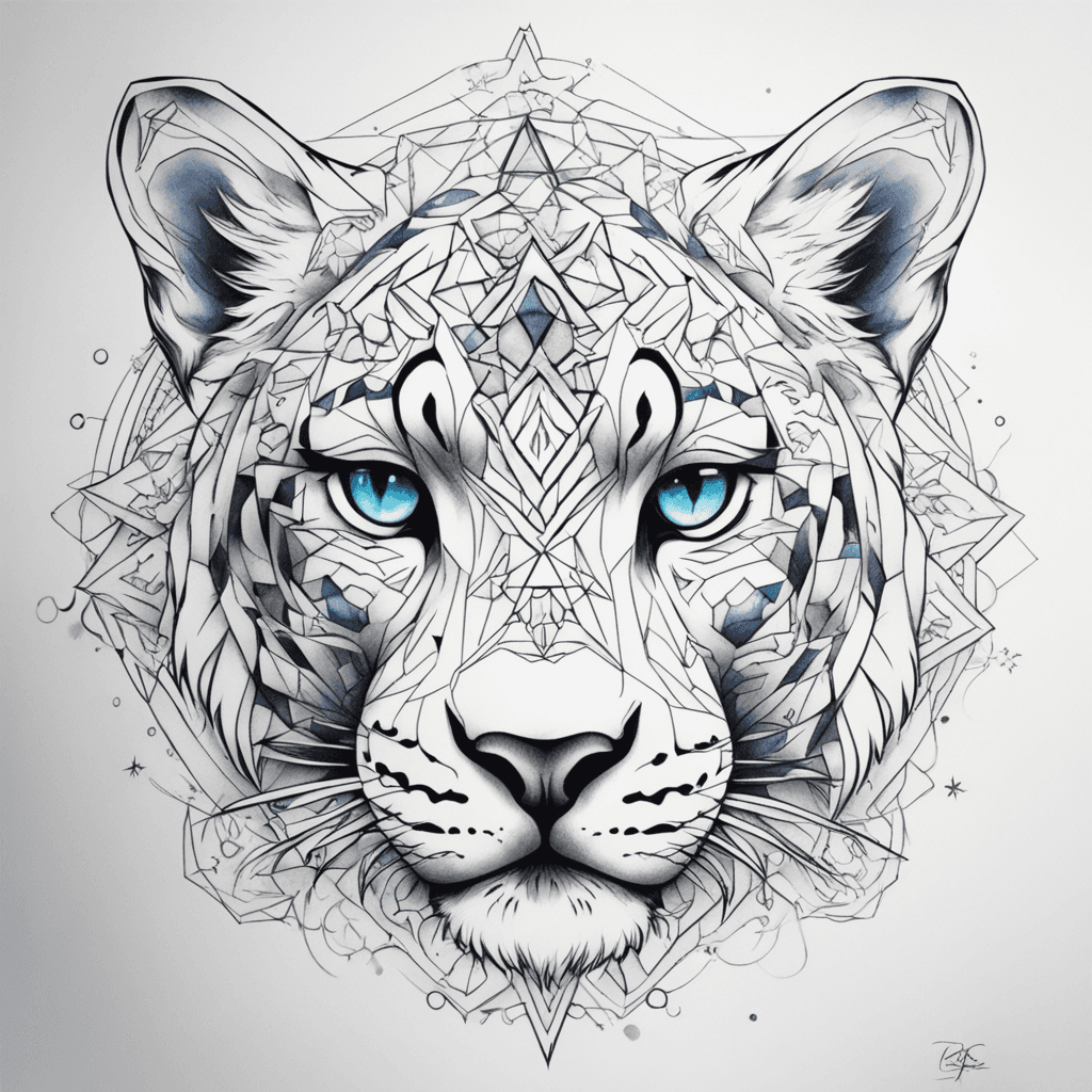 Surrounding the grimace in pain snow leopard's head are various geometric shapes, right face including overlapping triangles and lines, forming a complex pattern. These patterns add an abstract, modern touch to the design. these have blue eyes. snowflakes