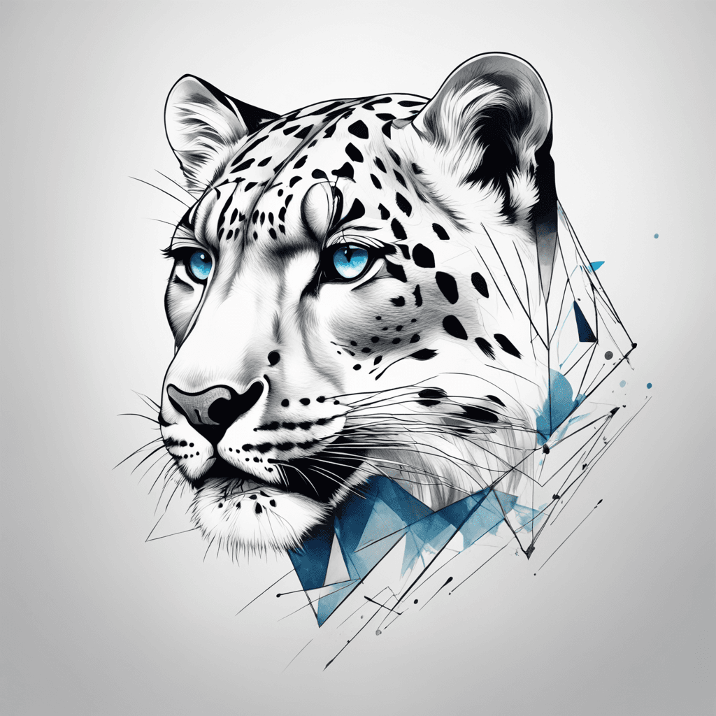 snow_leopard's_head,_right_half_geometric_shapes, including_triangles_and_lines, abstract_modern_touch,  grimace_in pain, blue_eyes,