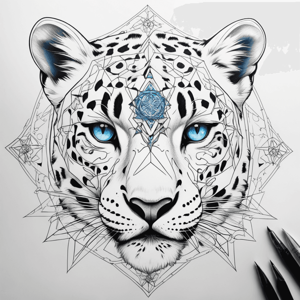 snow_leopard, grimace_in pain, blue_eyes, snowflake_not_color, below_chest,  right_half_face_line_geometric _diagram_pentagram, solo, semi_realistic