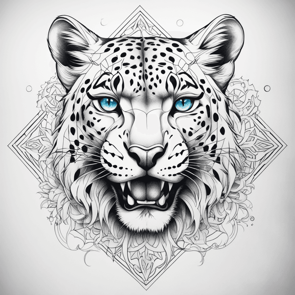 snow_leopard, grimace_in pain, blue_eyes, snowflake_not_color, below_chest,  right_half_face_line_geometric _diagram_pentagram, solo, semi_realistic